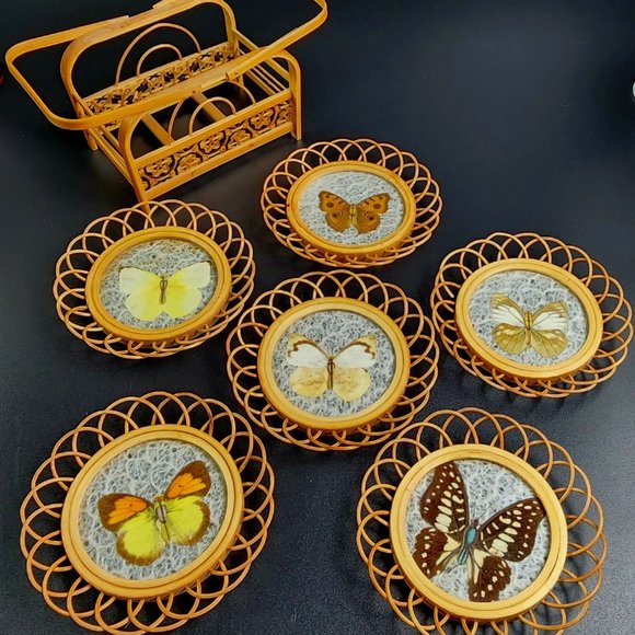 Vintage Rattan Coaster Set with Holder - 7 Pieces - Handmade